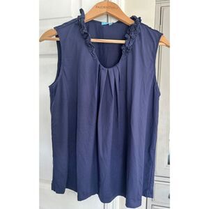 J Mclaughlin Women's XL Navy Ruffle Collar Sleeveless Blouse Stretch Coastal